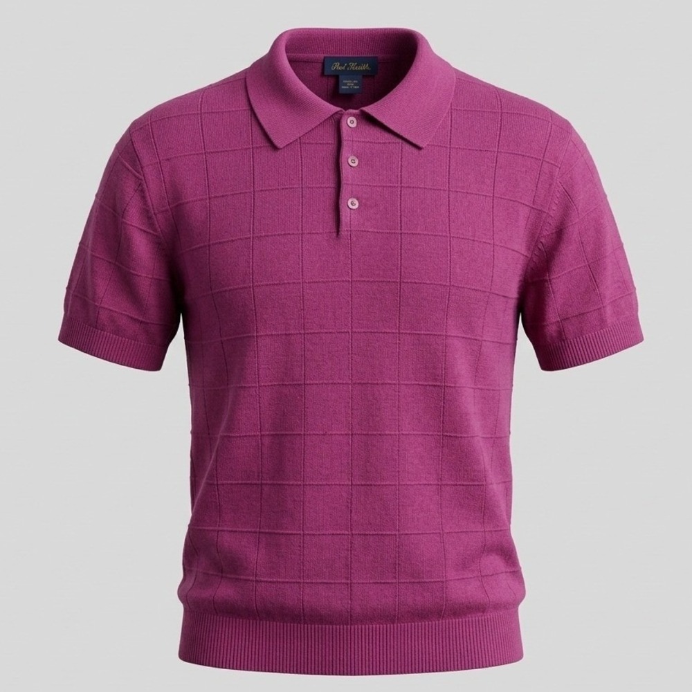 Paul Fredrick Mens Medium Magenta 100% Silk Knit Polo Shirt Textured Grid S/S